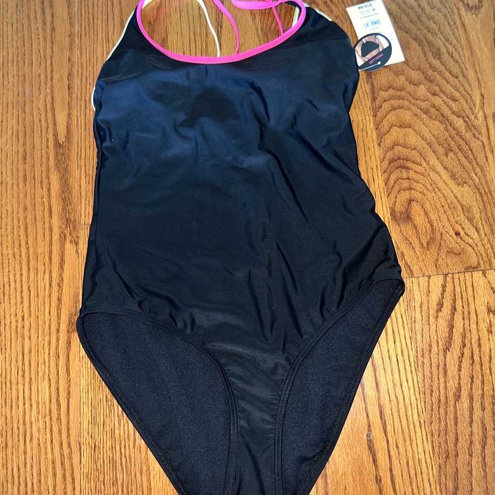 No Boundaries Black One-Piece Swimsuit with Pink Trim